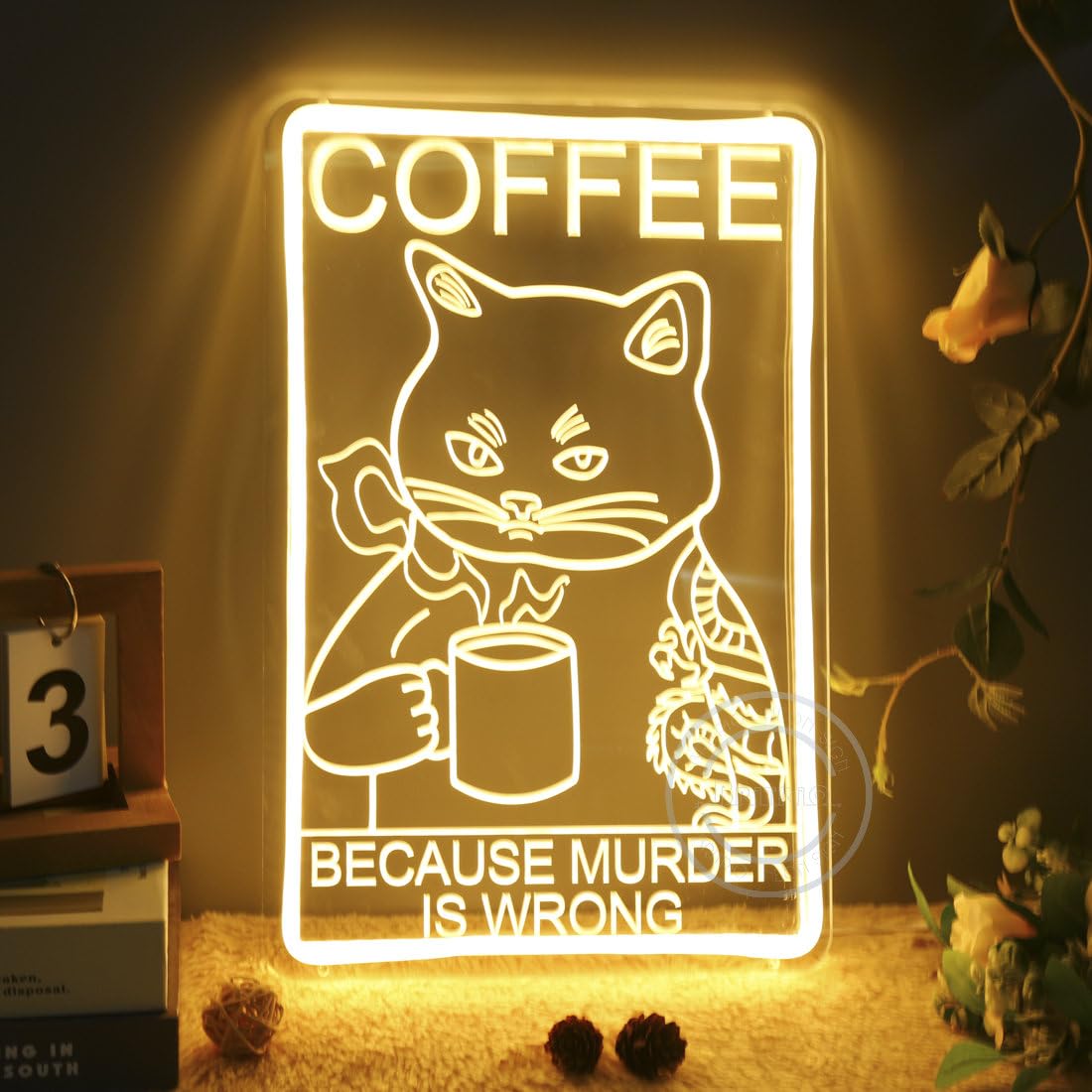 Coffee Because Murder is Wrong Cat Coffee Neon Sign