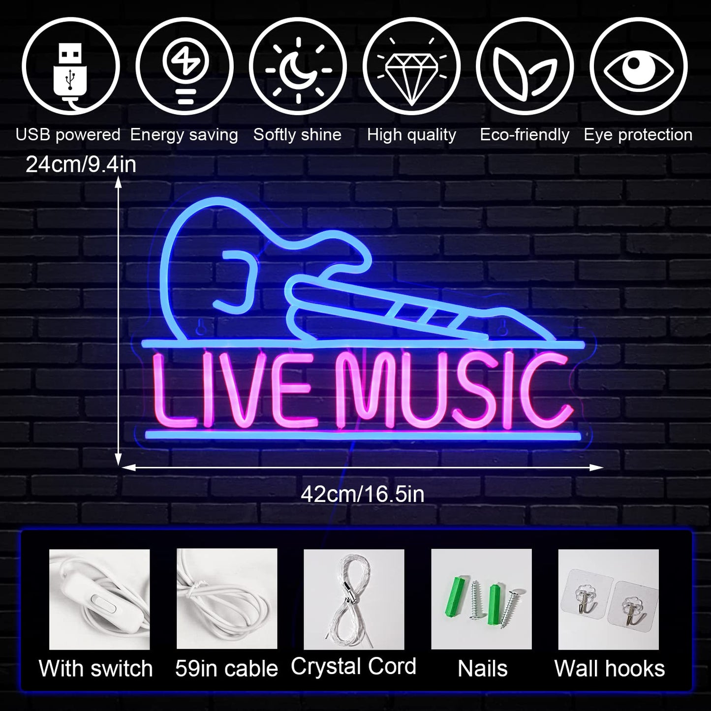 Guitar Live Music Neon Sign