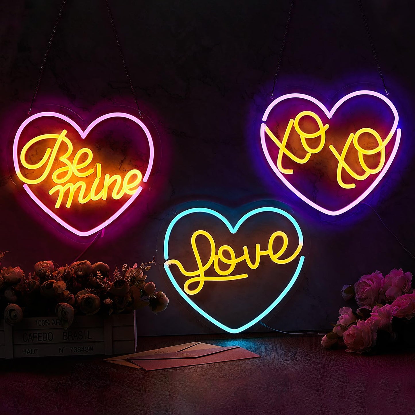 Valentines Day Set Blue Be Mine Pink XOXO Purple Love Heart Neon Sign