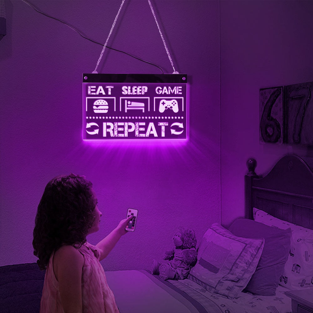 Eat Sleep Game Repeat Funny Gaming Quote LED Neon Sign