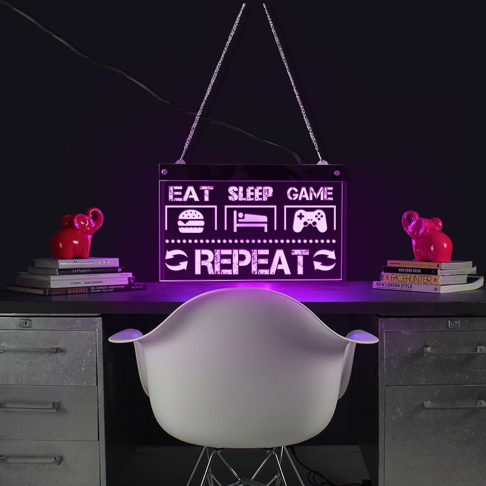 Eat Sleep Game Repeat Funny Gaming Quote LED Neon Sign